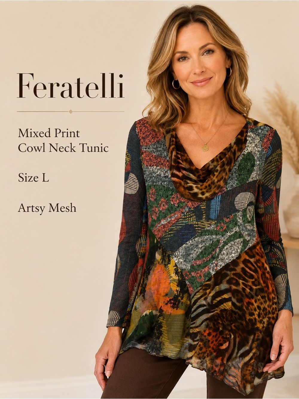 Feratelli Mixed Print Animal Cowl Neck Mesh Tunic Top Size L